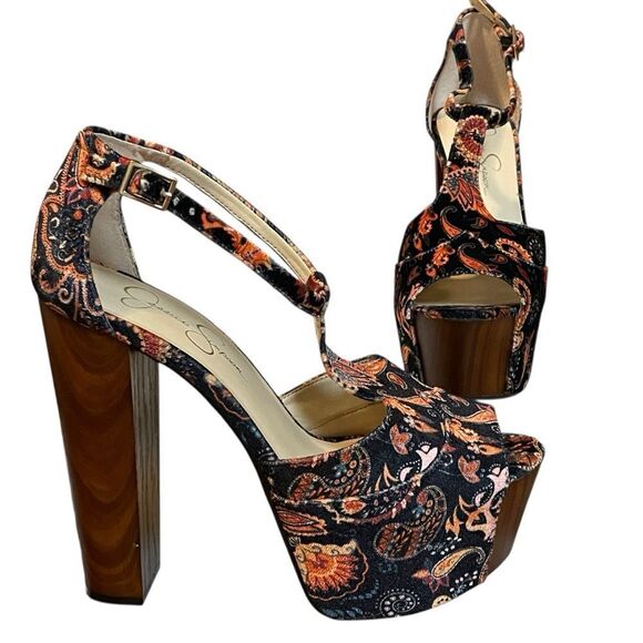 Jessica Simpson The Dany Paisley Print Platform Block Heel T-Strap Sandals 9 - Picture 2 of 16
